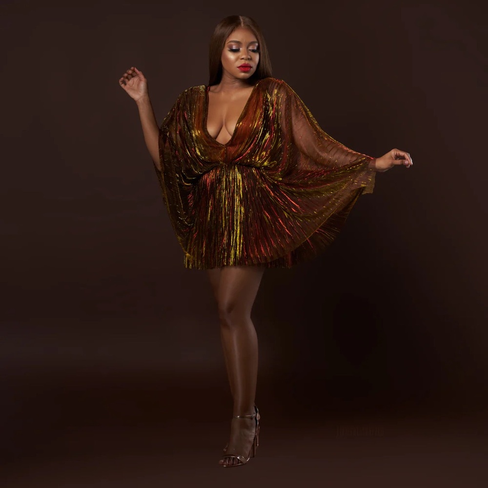 Oyemwen Shimmering Irridescent Gold Copper Brown Flowy Mini Dress Sz Large